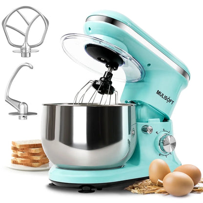MULISOFT Stand Mixer, 5.5Qt Stainless Steel Bowl, 6 Speed, Includes Whisk, Beater, Dough Hook, Blue