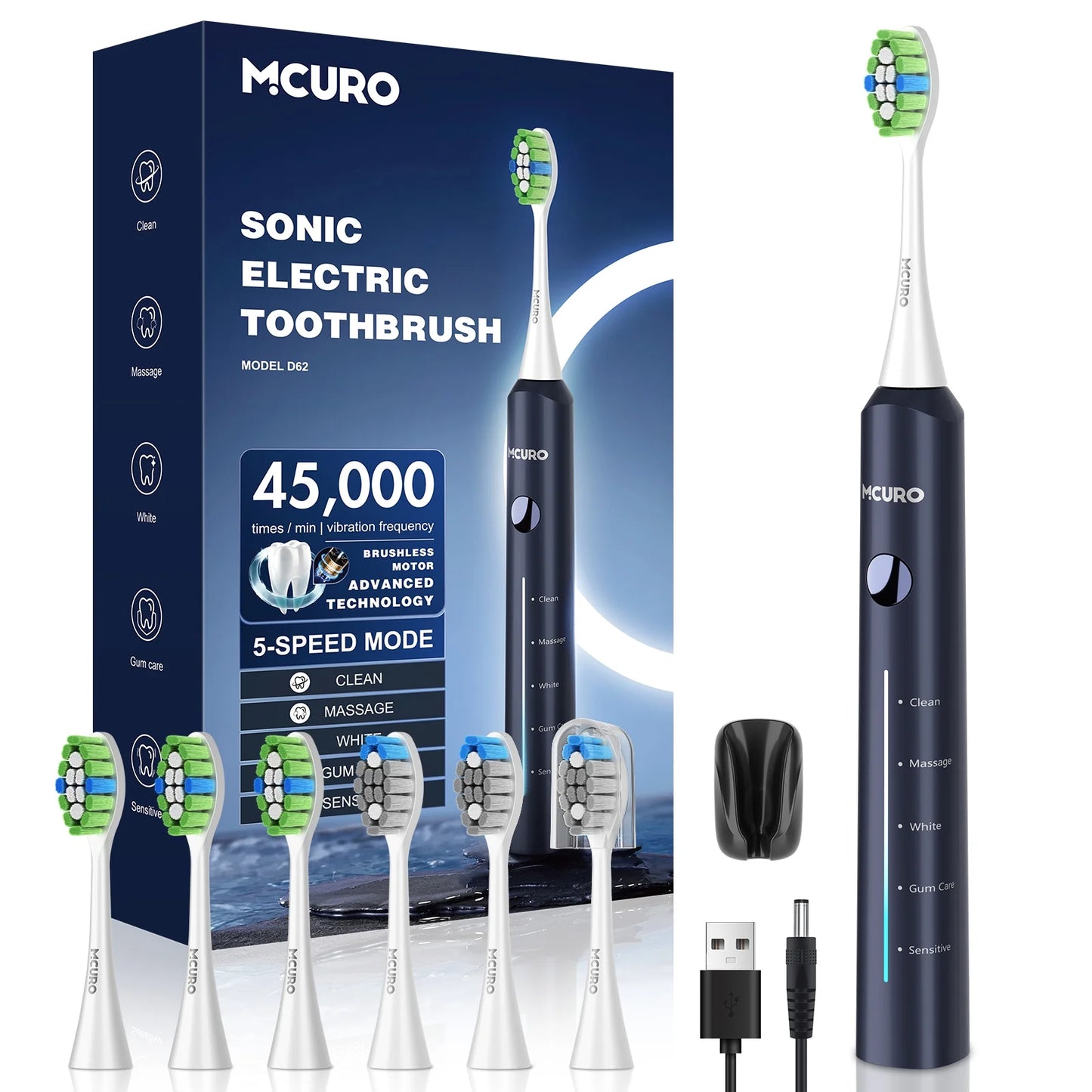 Electric Toothbrush for Adults, Sonic Electric Toothbrush with 3 Intensity Levels & 5 Modes, Black