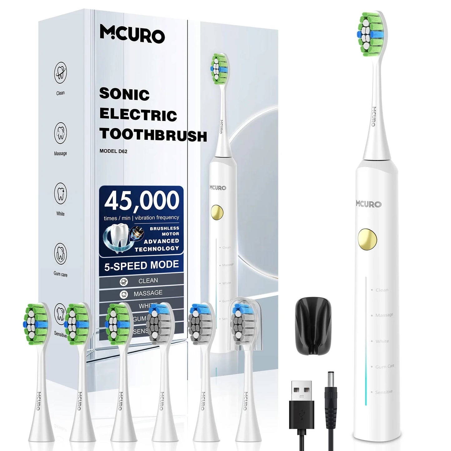 Electric Toothbrush for Adults, Sonic Electric Toothbrush with 3 Intensity Levels & 5 Modes, Black