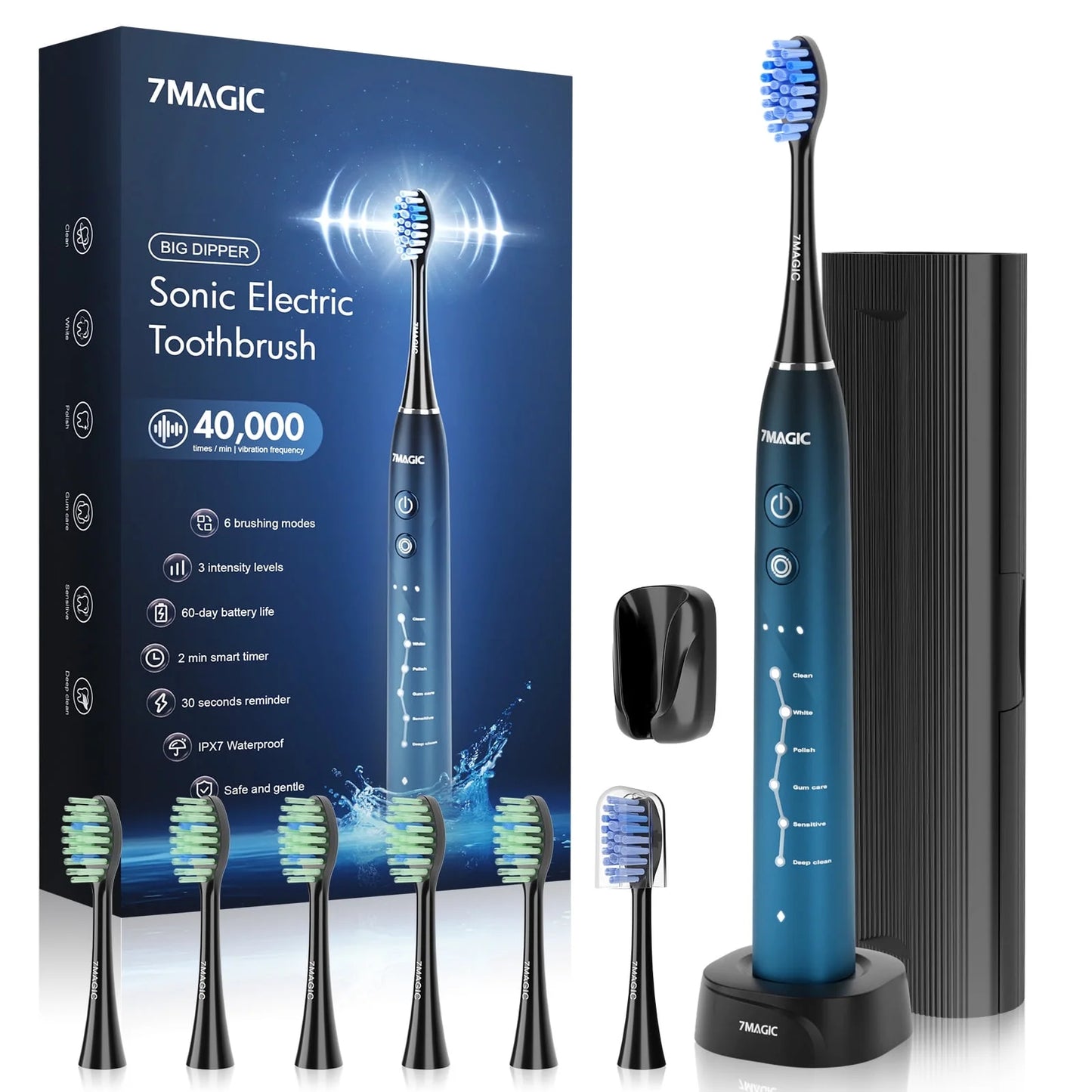 Electric Toothbrush for Adults, Sonic Toothbrush with 6 Brush Heads & Travel Case, 40000 VPM Deep Clean Rechargeable Toothbrush with 6 Mode & 3 Intensity, 3 Hours Charge for 60 Days, Blue