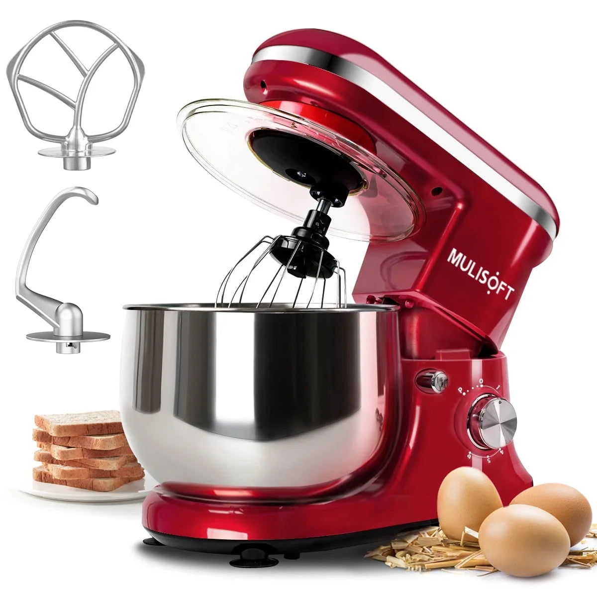 MULISOFT Stand Mixer, 5.5Qt Stainless Steel Bowl, 6 Speed, Includes Whisk, Beater, Dough Hook, Red
