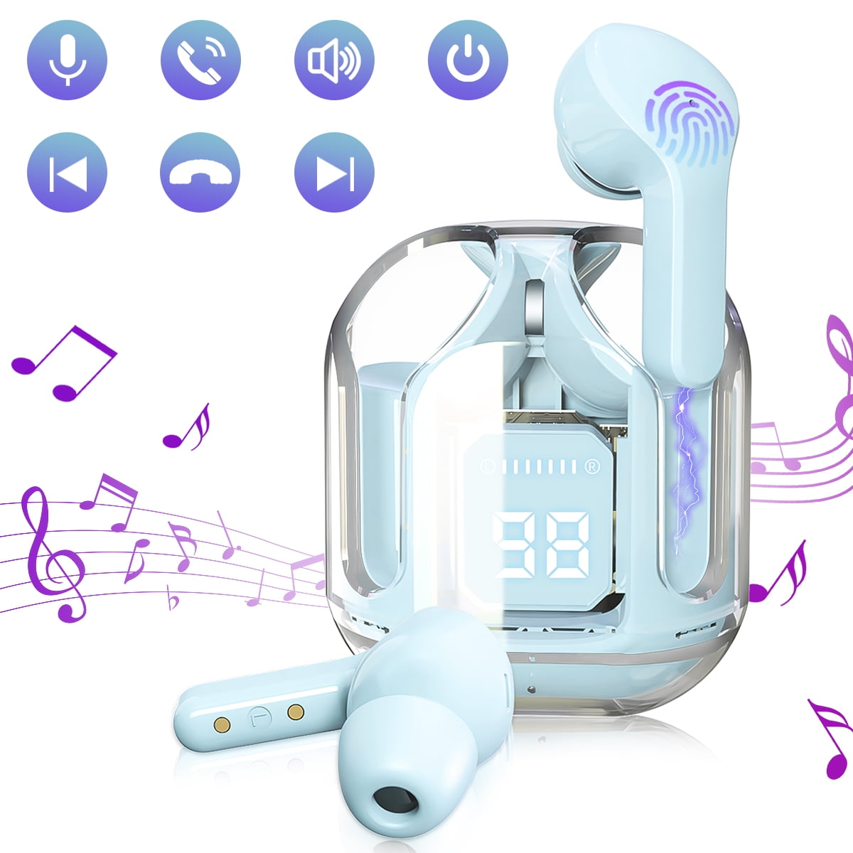 CMYBabee Wireless Earbuds, Bluetooth Headphones with Noise Cancelling and LED Power Display - IPX7 Waterproof, Built-in Mic, Compatible with Iphone & Android, Charging Case, Blue