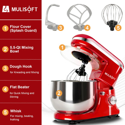 MULISOFT Stand Mixer, 5.5Qt Stainless Steel Bowl, 6 Speed, Includes Whisk, Beater, Dough Hook, Red