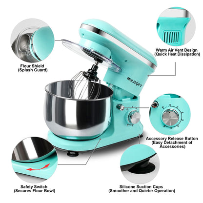 MULISOFT Stand Mixer, 5.5Qt Stainless Steel Bowl, 6 Speed, Includes Whisk, Beater, Dough Hook, Blue