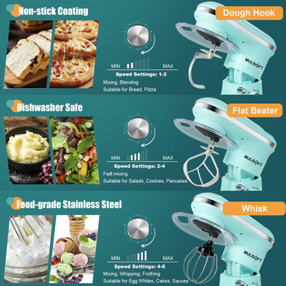 MULISOFT Stand Mixer, 5.5Qt Stainless Steel Bowl, 6 Speed, Includes Whisk, Beater, Dough Hook, Blue
