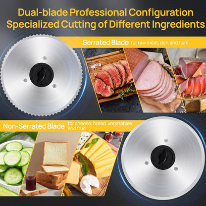 MULISOFT Meat Slicer, Meat Slicer Machine for Home Use, with 2 Removable Stainless Steel Blades, Adjustable Thickness Deli Slicer, Electric Slicer for Meat, Cheese, Bread, New