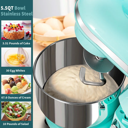 MULISOFT Stand Mixer, 5.5Qt Stainless Steel Bowl, 6 Speed, Includes Whisk, Beater, Dough Hook, Blue