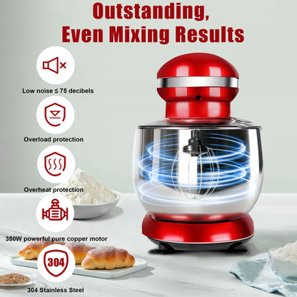 MULISOFT Stand Mixer, 5.5Qt Stainless Steel Bowl, 6 Speed, Includes Whisk, Beater, Dough Hook, Red