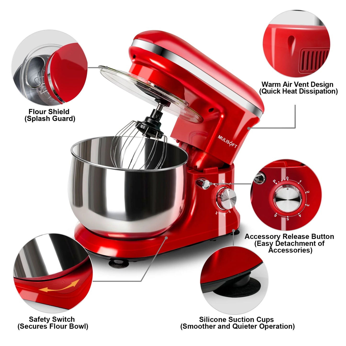 MULISOFT Stand Mixer, 5.5Qt Stainless Steel Bowl, 6 Speed, Includes Whisk, Beater, Dough Hook, Red